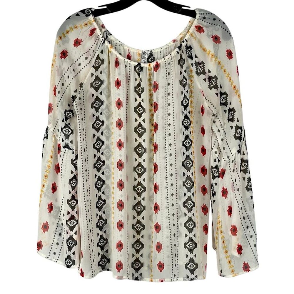 Yahada Bohemian-style Sheer Geometric Tribal Bell Sleeve Blouse Medium